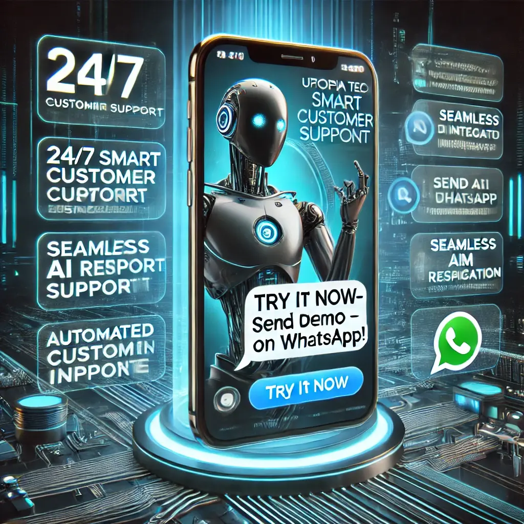 DALL·E 2025-02-01 21.46.45 - A futuristic digital advertisement for UTOPIA TECH, an AI-powered chatbot technology using Google's RAG, integrated with WhatsApp. The image features .webp